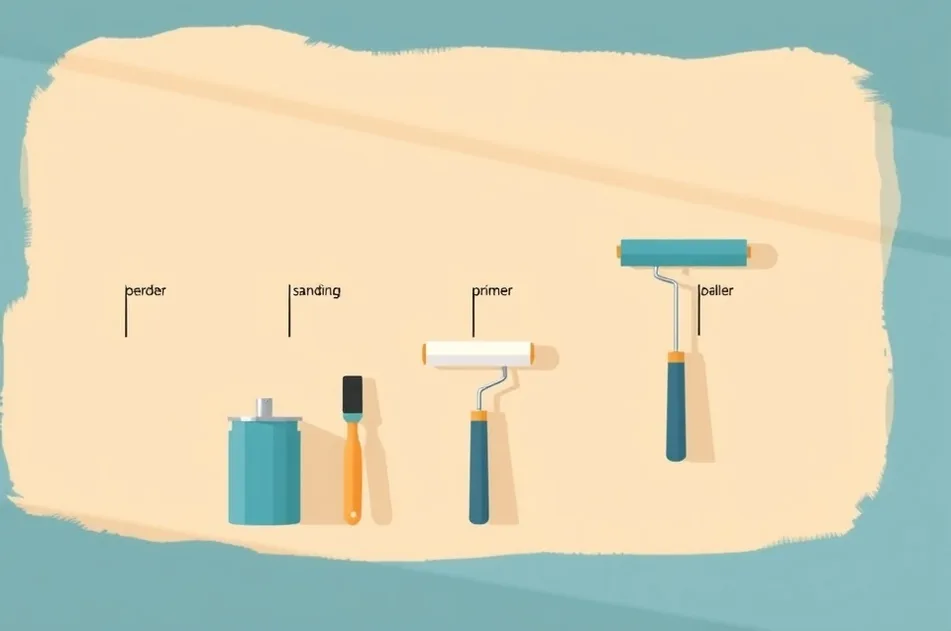 Outils de peinture disposés dans l'ordre des étapes du chantier