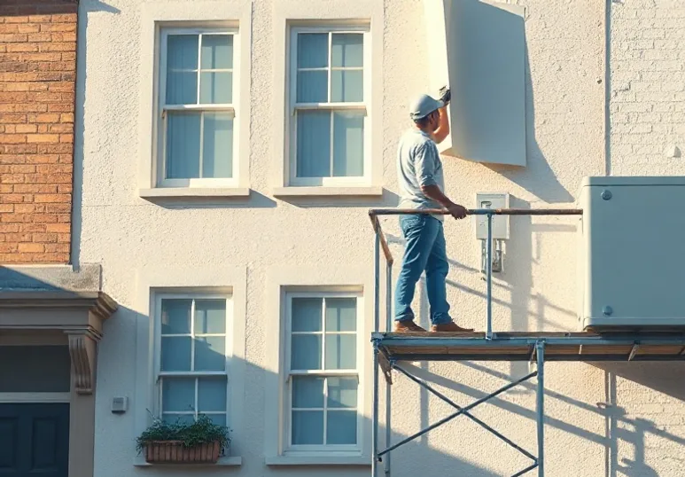 Peintre sur échafaudage traitant la façade d'une maison