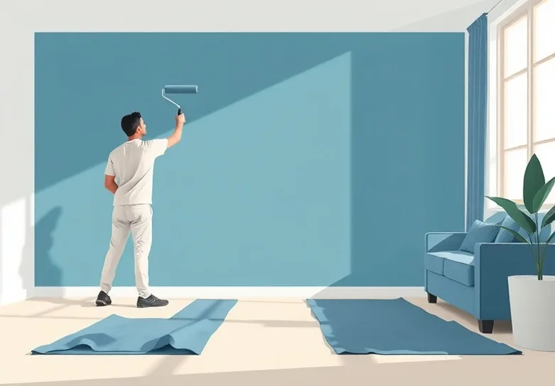 Peintre appliquant la peinture au rouleau sur un mur de salon