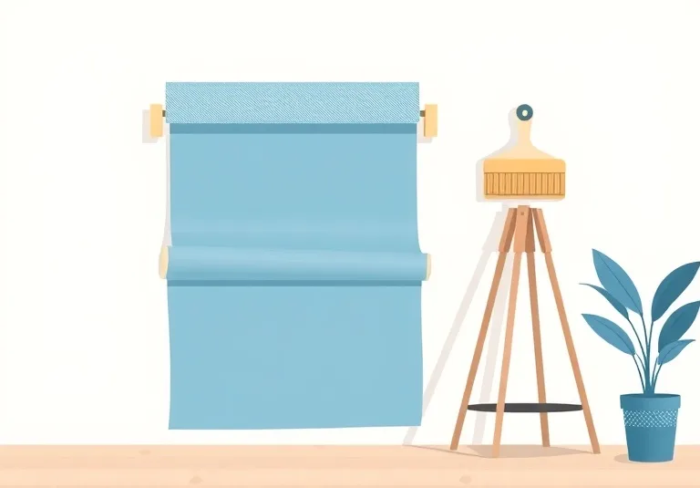 Pose de papier peint, rouleau et brosse à maroufler